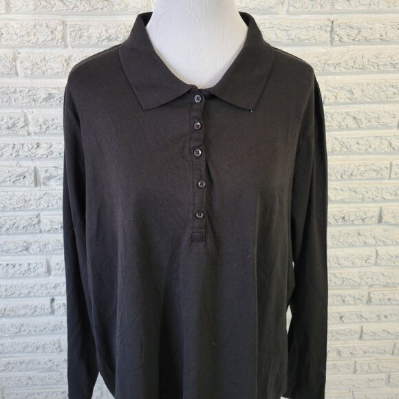 Roamans Womens Top 2X Plus Polo Long Sleeve Black Cotton Collar BLA101E - Picture 3 of 9